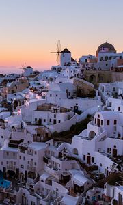 Preview wallpaper buildings, windmill, island, greece, sunset