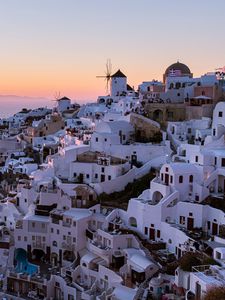 Preview wallpaper buildings, windmill, island, greece, sunset