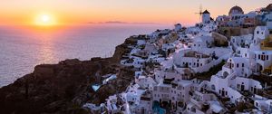 Preview wallpaper buildings, windmill, island, greece, sunset