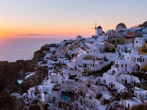 Preview wallpaper buildings, windmill, island, greece, sunset