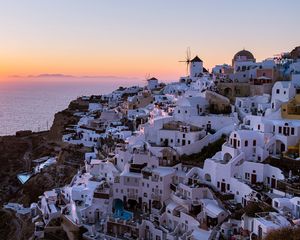 Preview wallpaper buildings, windmill, island, greece, sunset