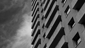 Preview wallpaper buildings, windows, facade, balconies, architecture, clouds, black and white