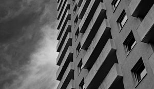 Preview wallpaper buildings, windows, facade, balconies, architecture, clouds, black and white