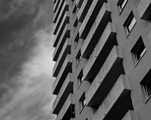 Preview wallpaper buildings, windows, facade, balconies, architecture, clouds, black and white