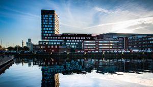 Preview wallpaper buildings, windows, water, pond, reflection, city