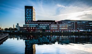 Preview wallpaper buildings, windows, water, pond, reflection, city