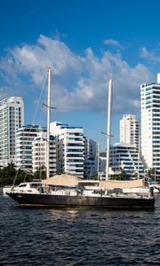 Preview wallpaper buildings, yachts, masts, sea, sky