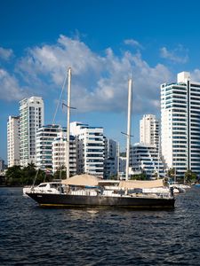 Preview wallpaper buildings, yachts, masts, sea, sky
