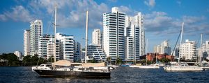 Preview wallpaper buildings, yachts, masts, sea, sky