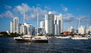 Preview wallpaper buildings, yachts, masts, sea, sky