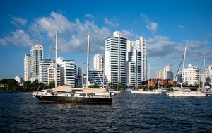 Preview wallpaper buildings, yachts, masts, sea, sky