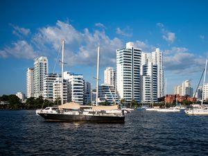 Preview wallpaper buildings, yachts, masts, sea, sky