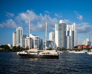 Preview wallpaper buildings, yachts, masts, sea, sky