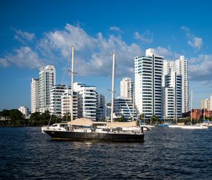 Preview wallpaper buildings, yachts, masts, sea, sky