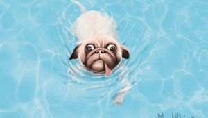 Preview wallpaper bulldog, dog, tongue protruding, water, art