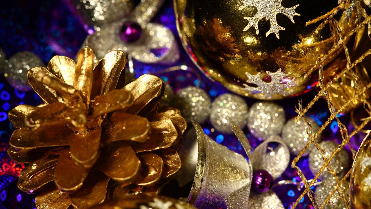 Wallpaper bump, ornaments, christmas decorations, glitter, gold, close-up, new year