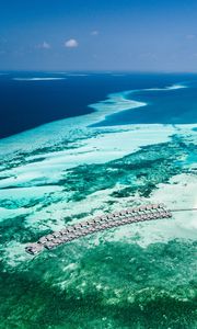 Preview wallpaper bungalow, aerial view, ocean, tropics