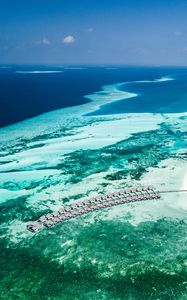 Preview wallpaper bungalow, aerial view, ocean, tropics