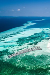 Preview wallpaper bungalow, aerial view, ocean, tropics