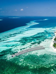 Preview wallpaper bungalow, aerial view, ocean, tropics