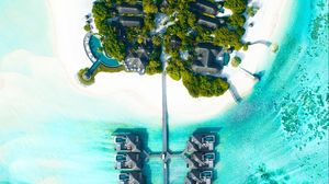 Preview wallpaper bungalow, aerial view, ocean, tropics, palm trees