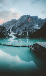 Preview wallpaper bungalow, mountains, lake, rocks, snowy