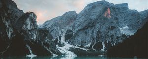 Preview wallpaper bungalow, mountains, lake, rocks, snowy