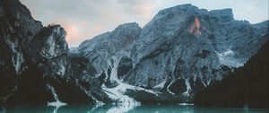 Preview wallpaper bungalow, mountains, lake, rocks, snowy