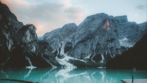 Preview wallpaper bungalow, mountains, lake, rocks, snowy