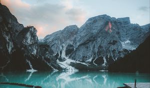 Preview wallpaper bungalow, mountains, lake, rocks, snowy