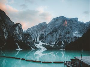 Preview wallpaper bungalow, mountains, lake, rocks, snowy