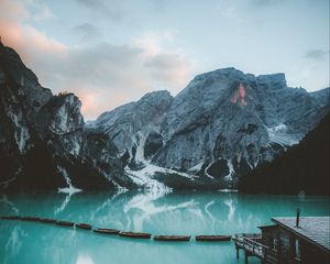 Preview wallpaper bungalow, mountains, lake, rocks, snowy