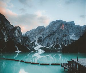 Preview wallpaper bungalow, mountains, lake, rocks, snowy