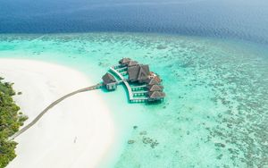 Preview wallpaper bungalow, ocean, aerial view, island, maldives