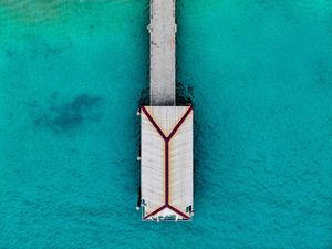 Preview wallpaper bungalow, pier, aerial view, sea