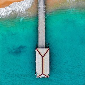 Preview wallpaper bungalow, pier, aerial view, sea