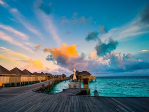 Preview wallpaper bungalow, pier, ocean, tropics, maldives