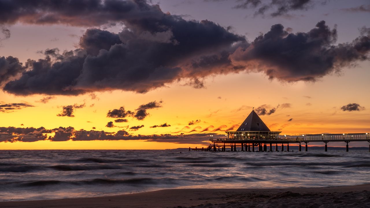 Wallpaper bungalow, pier, sunset, sea, sky