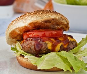 Preview wallpaper burger, cheddar, cheese, bun, patty, sesame seeds, lettuce, sauce