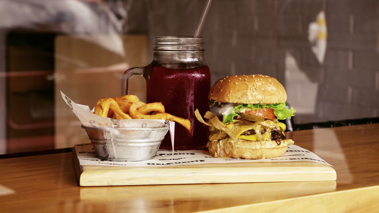 Wallpaper burger, hamburger, french fries, fast food, drink