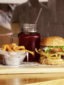 Preview wallpaper burger, hamburger, french fries, fast food, drink