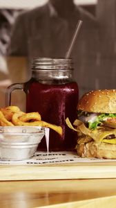 Preview wallpaper burger, hamburger, french fries, fast food, drink
