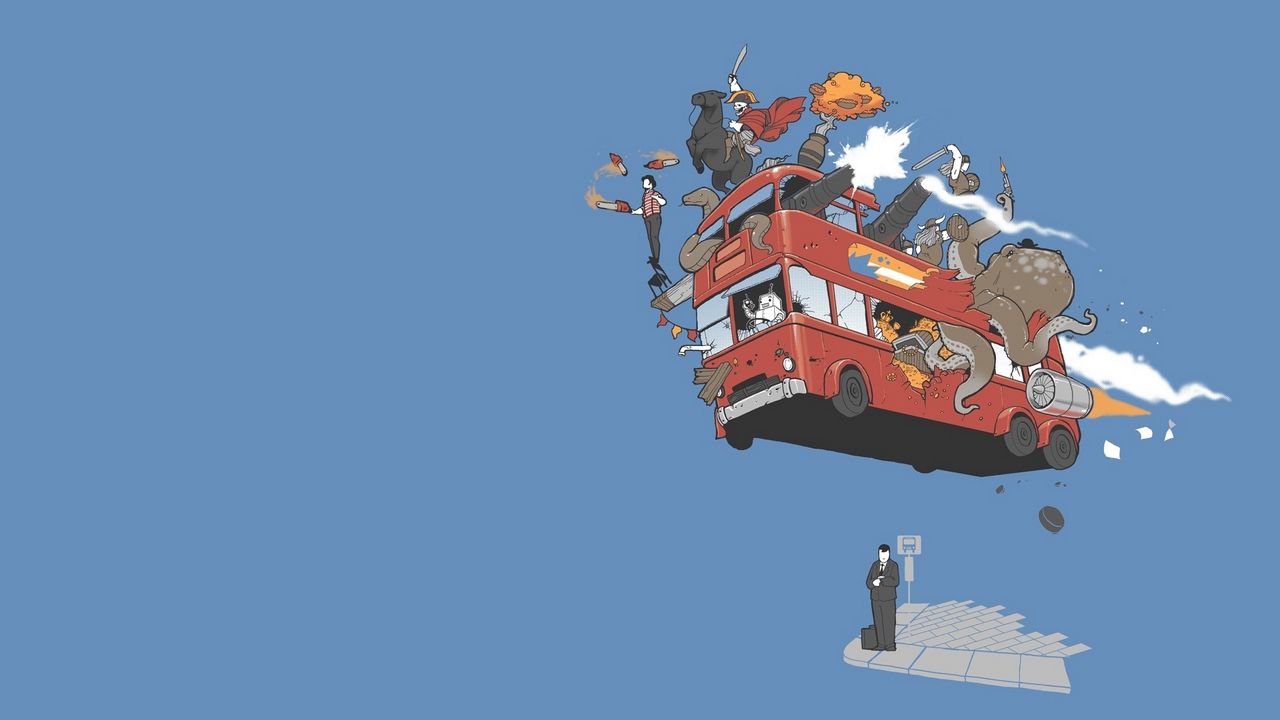 Wallpaper bus, flight, sky, animals, cartoon