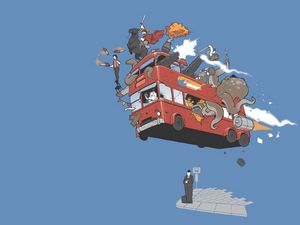 Preview wallpaper bus, flight, sky, animals, cartoon