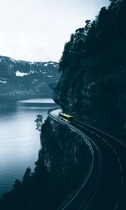 Preview wallpaper bus, road, turn, mountains, lake