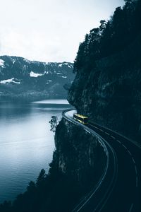 Preview wallpaper bus, road, turn, mountains, lake