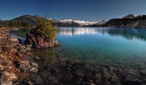 Preview wallpaper bush, mountains, lake, transparent, bottom, stones