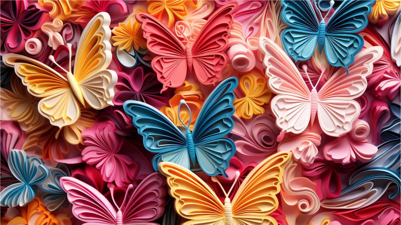 Wallpaper butterflies, relief, pink, lines, layers