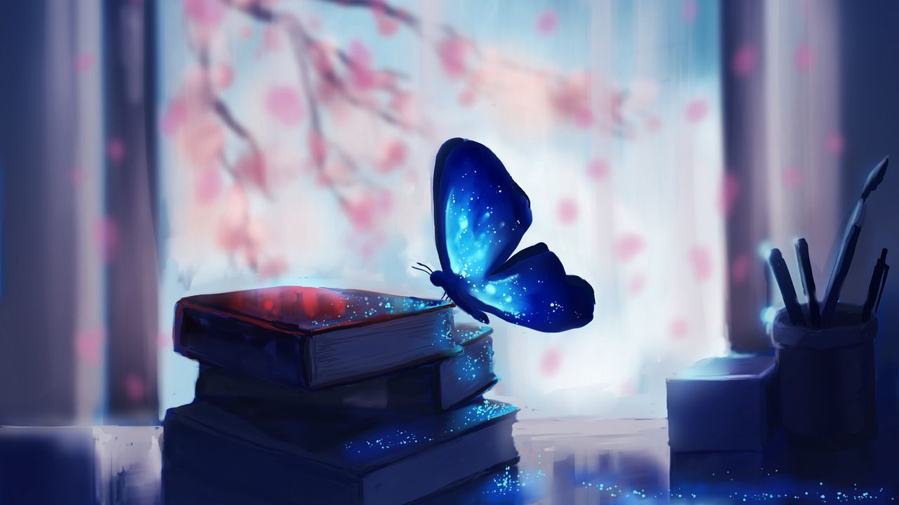 Wallpaper butterfly, books, art, glare, magic