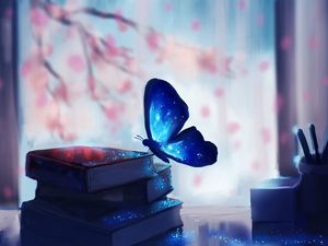 Preview wallpaper butterfly, books, art, glare, magic